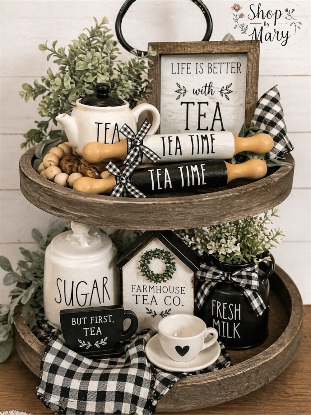 🆕 Farmhouse Mini Rolling Pin Hand Painted Tiered Tray Decor Tea Theme